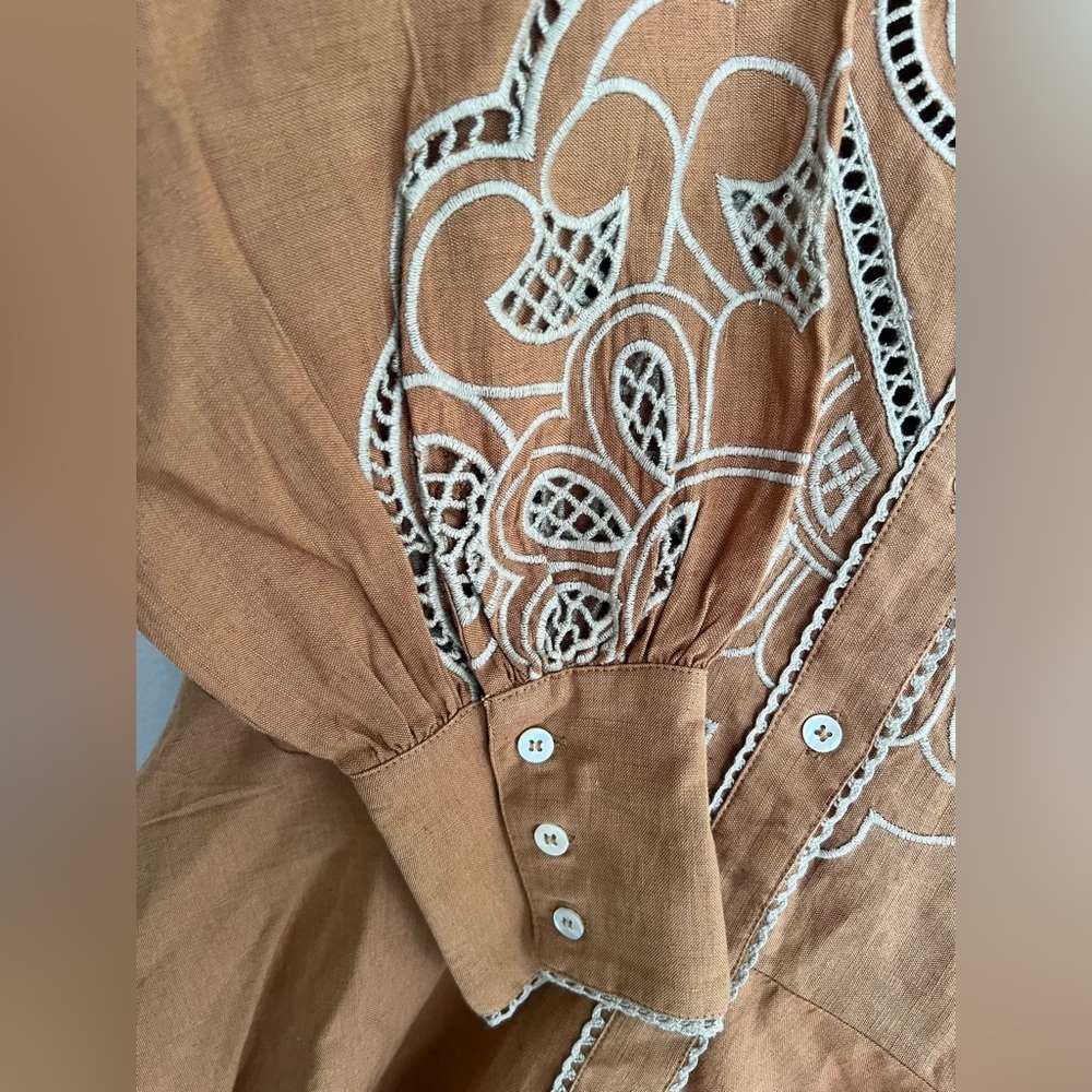 NWT Sezane Caprice Intricate Embroidery Linen Dress In Camel Size 34 - Picture 5 of 8